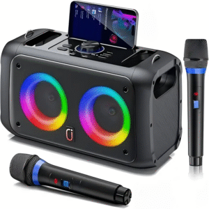 JYX Sound System with 2 Wireless Microphones, Portable Speaker, Supports BT, TF Card, USB, AUX, Loud Volume, 2 4-Inch Speakers, RGB Environment Lighting