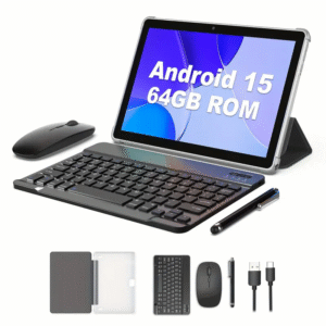 10-inch Android 15 tablet with keyboard, mouse, stylus and protective case, 12GB (3g+9g) RAM, 64GB storage, WiFi, 2MP+8MP camera, expandable to 1TB SD card, 6000mAh large-capacity battery, Portable Computing, Modern Tablet, Stylish Tablet